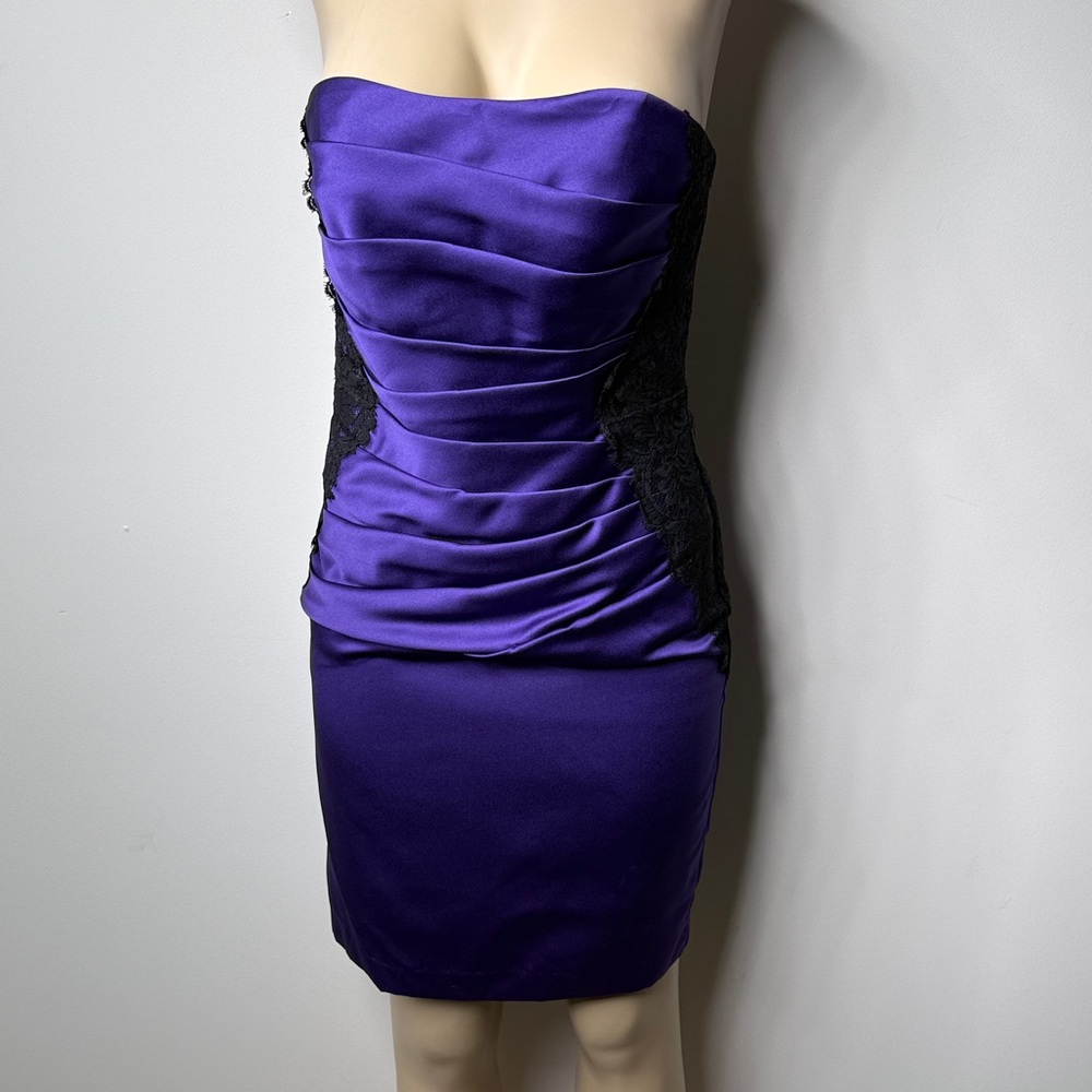 David's Bridal Strapless Purple Cocktail Dress with Black Lace Accents